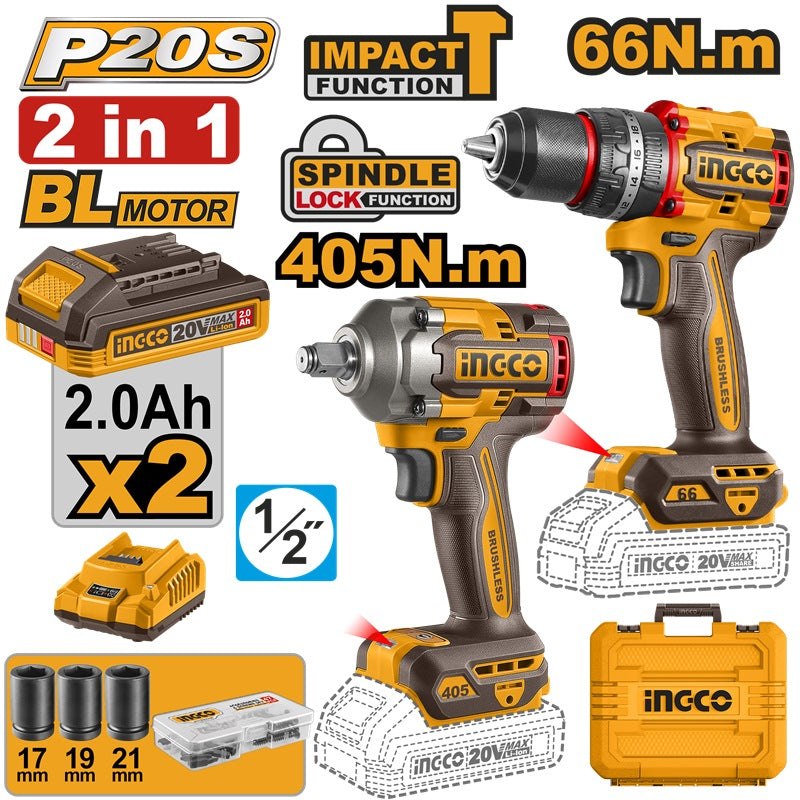 Pack 2 Machines Visseuse Brushless 66NM + Boulonneuse 405NM - INGCO CKLI20286