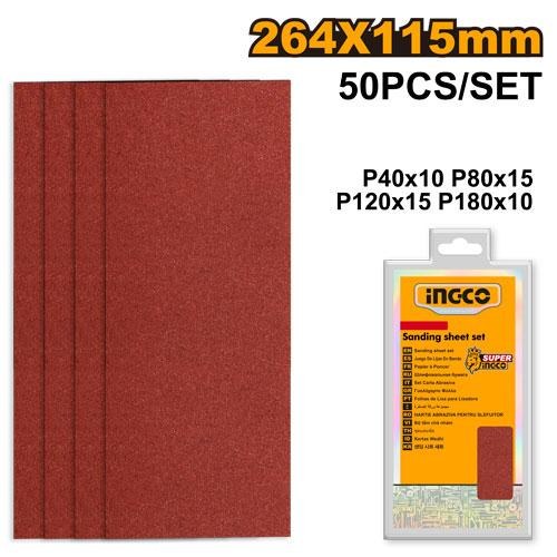 Jeu Feuilles Abrasives Poncage 50PCS 264*115mm NR - INGCO AKFS2641151