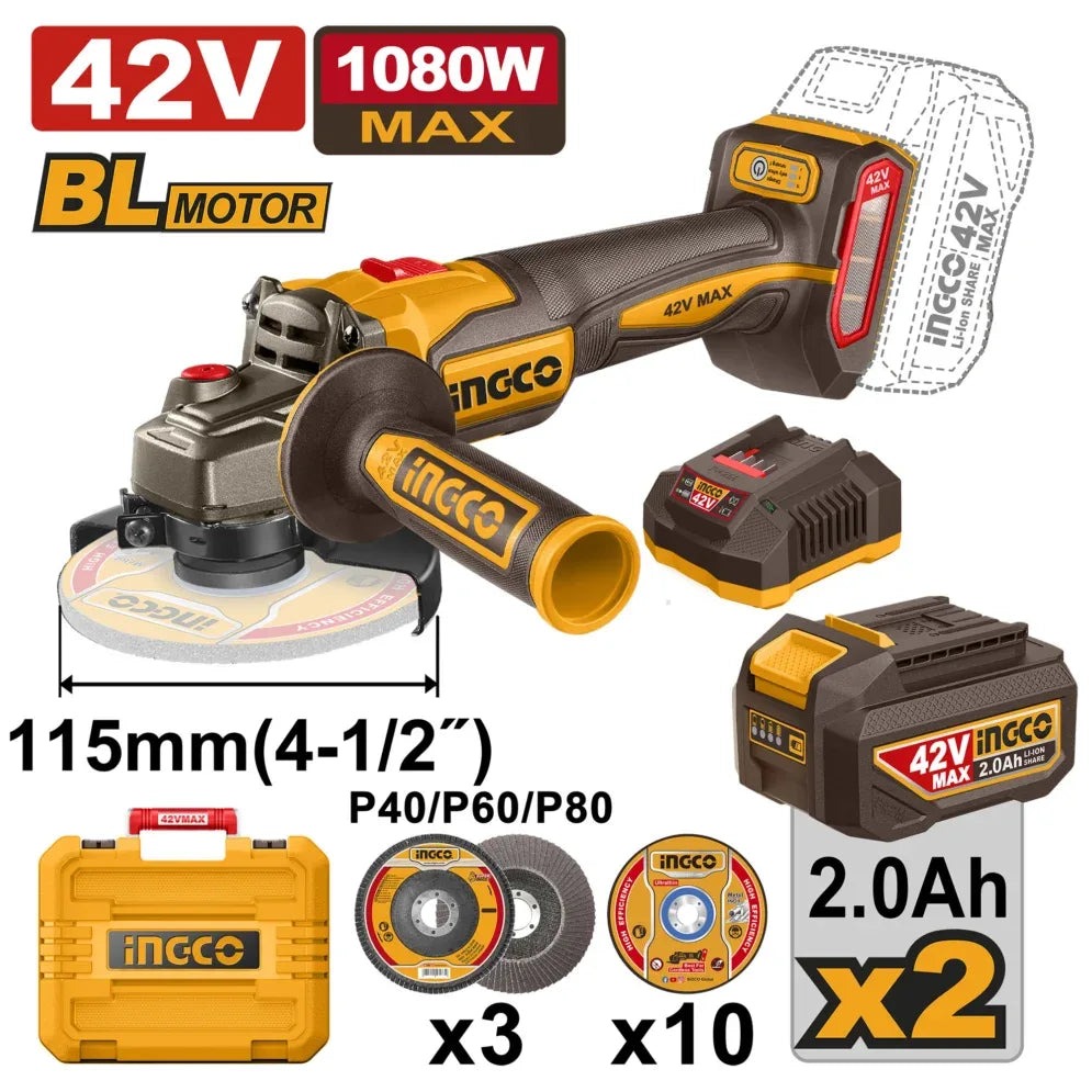Meuleuse D'angle sans Fil 42v+2 Batteries - INGCO CAGLI4108112