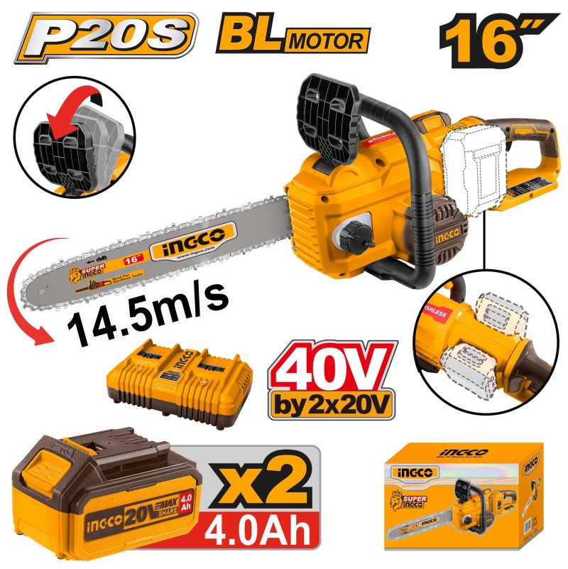 Tronçonneuse à Chaîne 20V 2 Batteries 4AH 16" 400MM - INGCO CGSLI401682