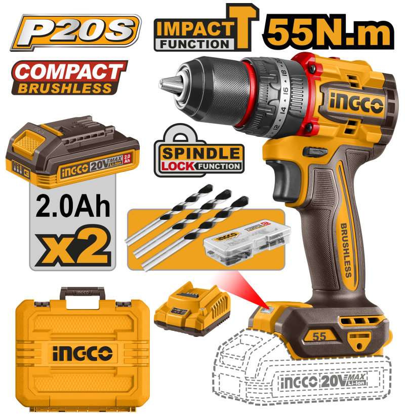 Perceuse Visseuse Brushless 20v+47 Acc 55NM - INGCO CIDLI20558