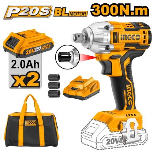 Boulonneuse à Choc 300NM sans Charbon 20v+2 Batteries 2.0 - INGCO CIWLI2001