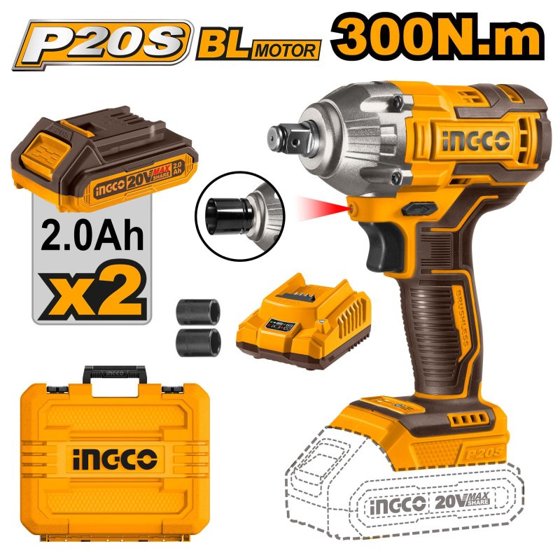 Boulonneuse à Choc 300NM sans Charbon 20v+2 Bat - INGCO CIWLI2038