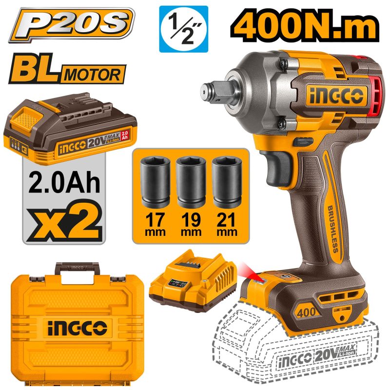 Boulonneuse à Choc 400NM sans Charbon 20v+2 Batteries 2.0 - INGCO CIWLI2040