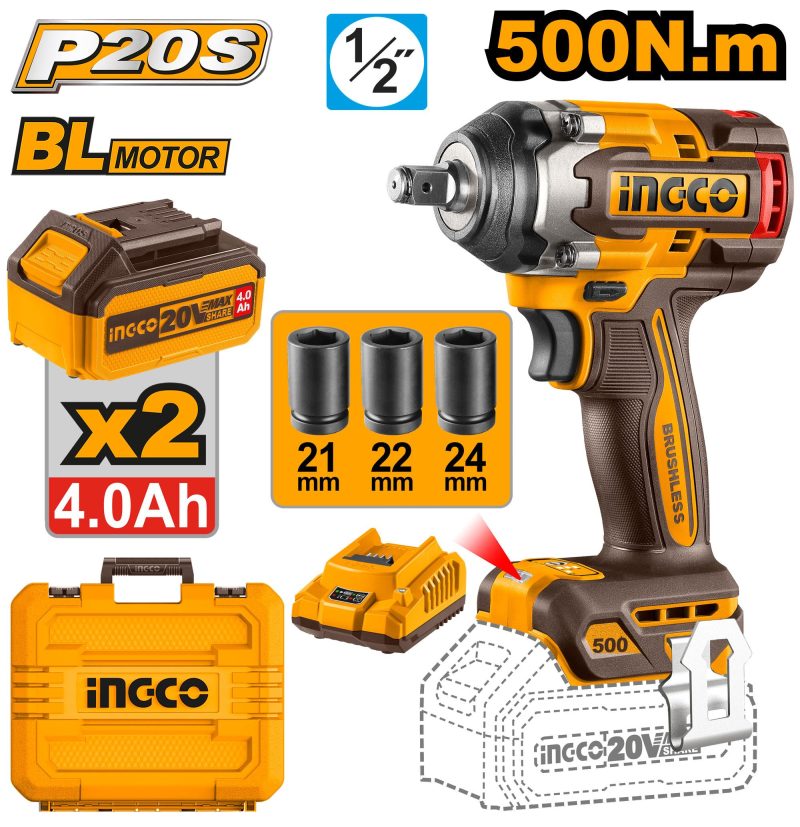 Boulonneuse à Choc 500NM sans Charbon 20v+2 Batteries si - INGCO CIWLI2050