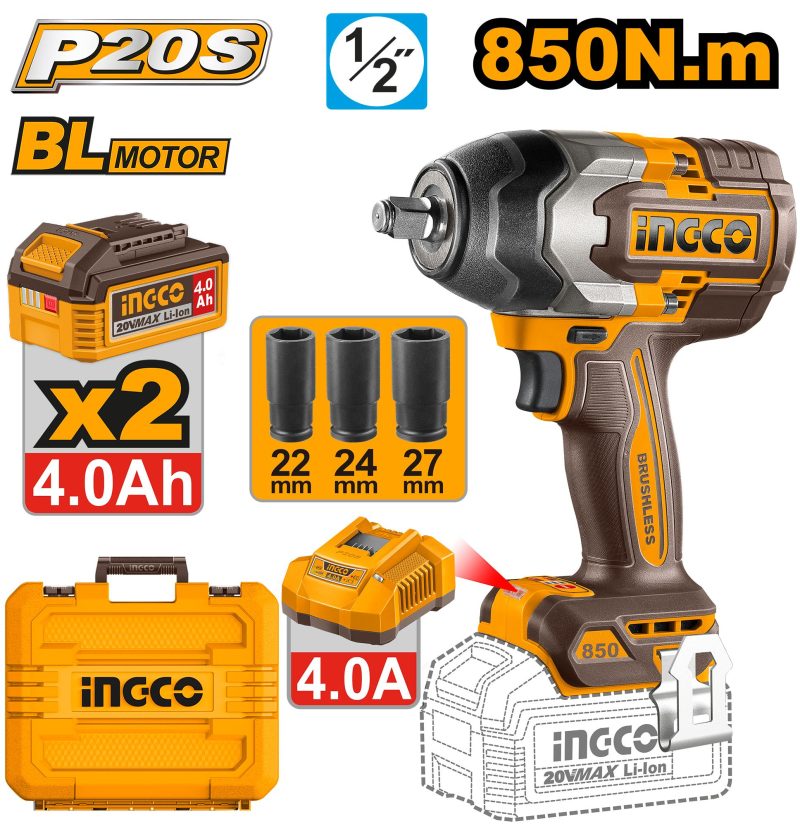 Boulonneuse à Choc 850NM Brushless 20v+2 Batteries - INGCO CIWLI2085
