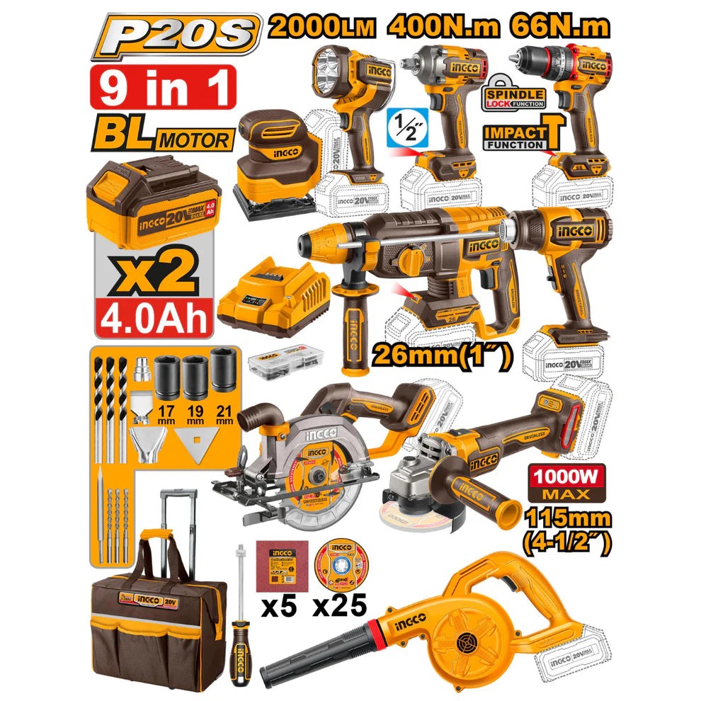 9 Pcs Kit Combo Industriel sans Fil - INGCO INGCO9PCSKITCOMB