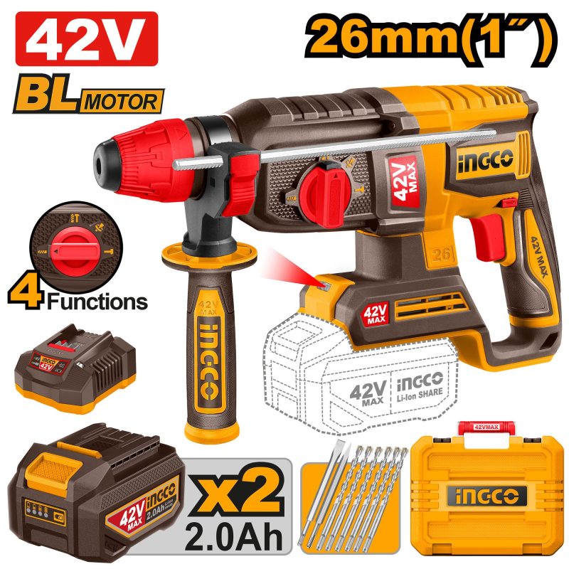 Marteau Perforateur 26MM 42V + 2 Batteries 2AH - INGCO CRHLI422682