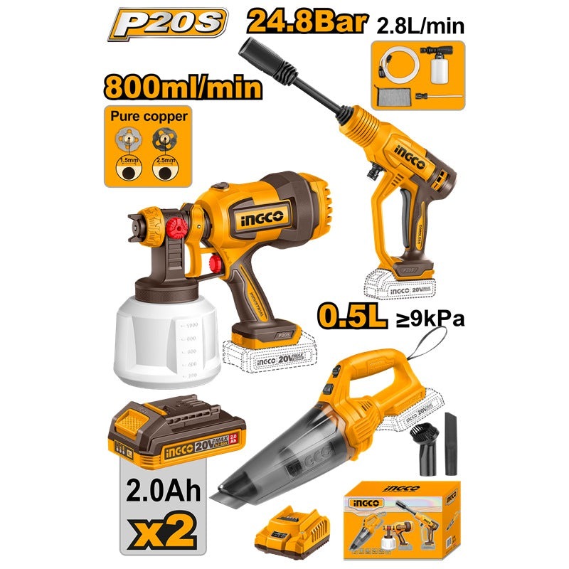 Pack 20V Pist a Peinture+aspirateur+nettoyeur - INGCO COSLI230522
