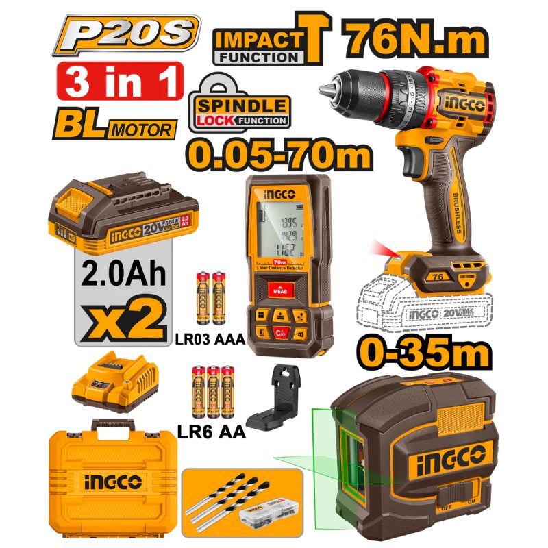 Pack Visseuse 76NM + Telemetre Laser 70M + Niveau Laser 2L - INGCO COSLI250511