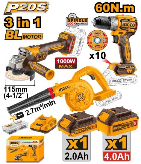 Pack Meuleuse+perceuse 60N.m+souffleur 20V - INGCO COSLI241192