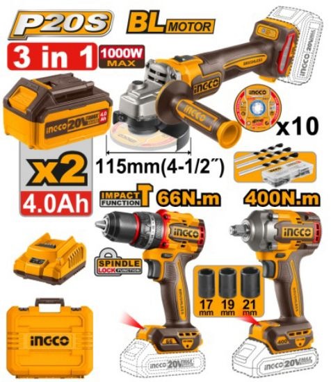 Pack Perceuse+meuleuse+boulonneuse Brushless 20V - INGCO COSLI241291