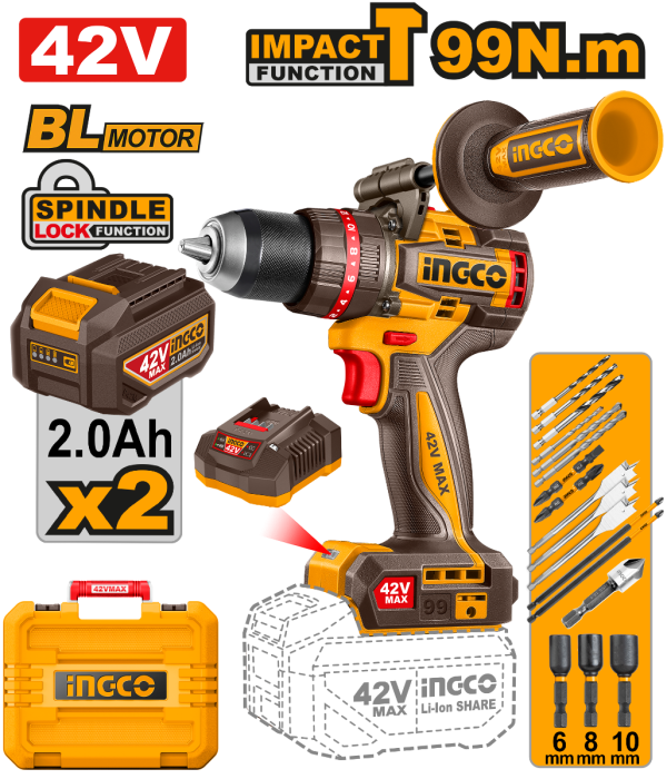 Perceuse-visseuse 42v+2 Batteries 99NM Balais - INGCO CIDLI429982