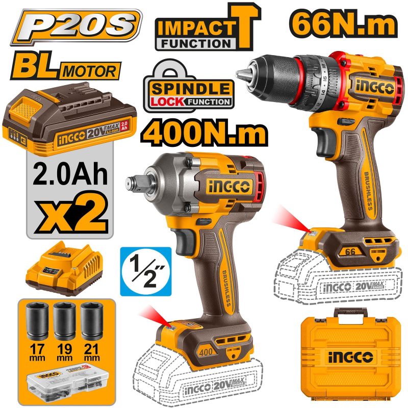 Pack 2 Machines Visseuse Brushless 66NM + Boulonneuse 20V - INGCO CKLI20275