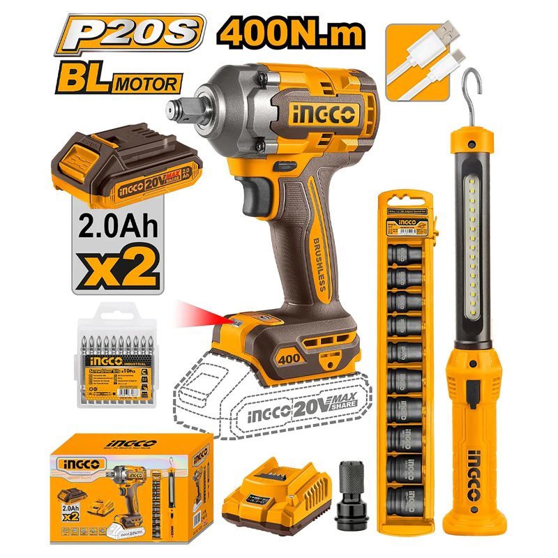 Pack Boulonneuse 400NM Brushless 20v+10 Douilles+baladeuse - INGCO COSLI23048