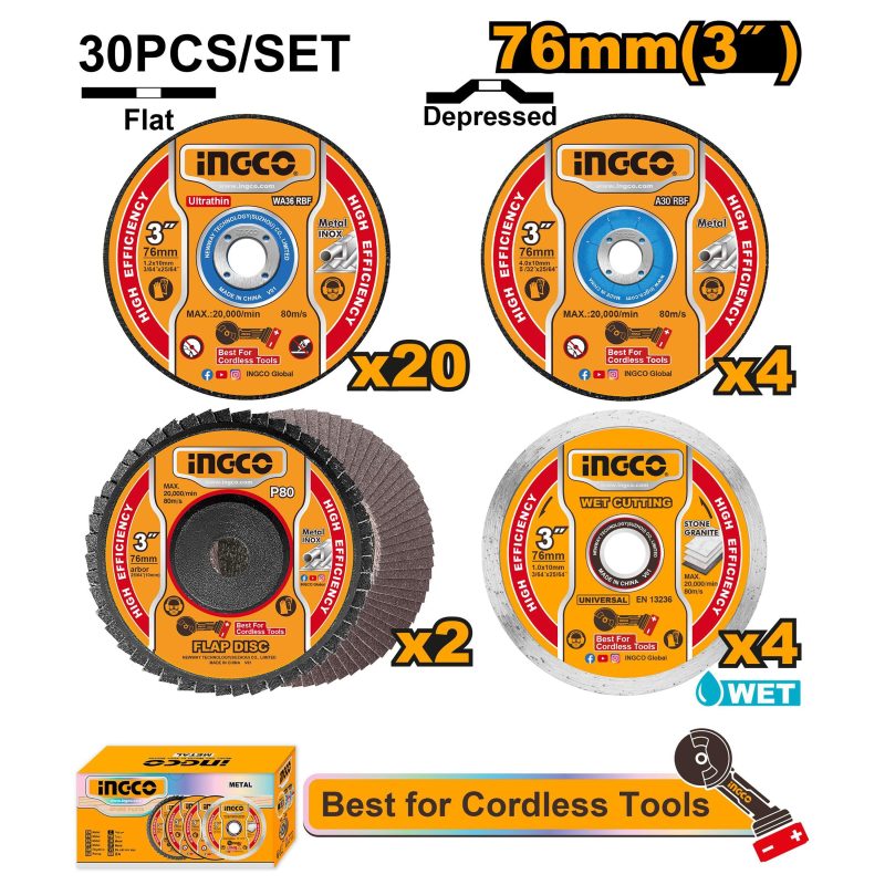 Jeu 30PCS Disques de Coupe et Meulage 76MM - INGCO MCD07630