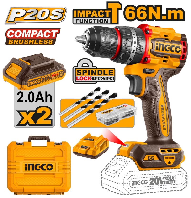 Perceuse Visseuse 20V 66NM 2 Batt Brushless - INGCO CIDLI20668