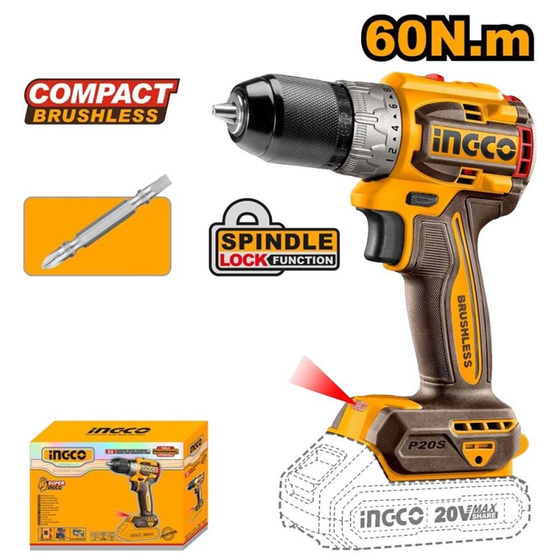 INGCO CDLI20602 – Perceuse visseuse sans fil 20V brushless 60 Nm