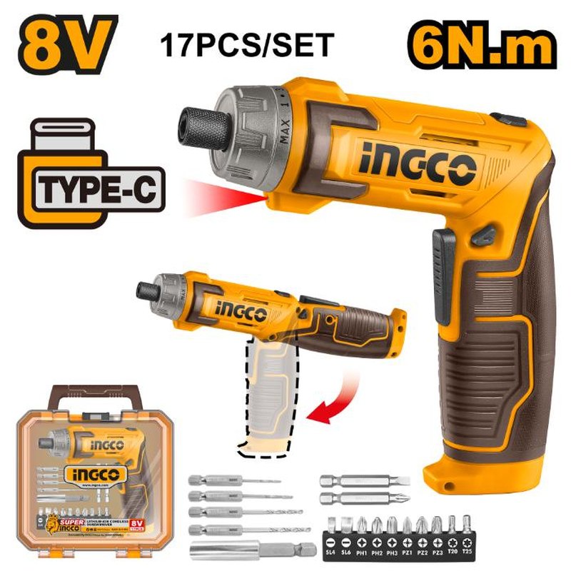 INGCO CSDLI08025 – Tournevis sans fil 8V 6 Nm – coffret 17 pièces