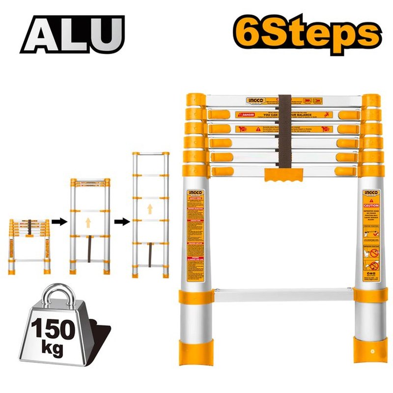 INGCO HLAD08061 – Échelle télescopique aluminium 6 marches – 150 kg