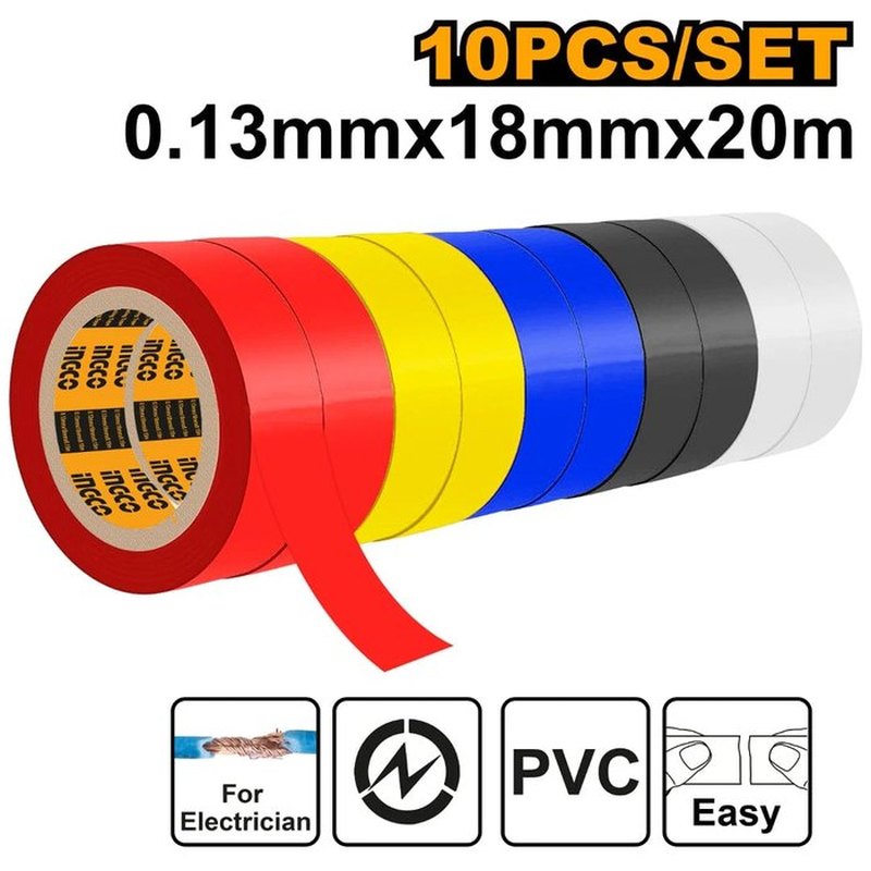 INGCO HPET1103 – Rubans isolants PVC couleurs 18 mm × 20 m – lot de 10
