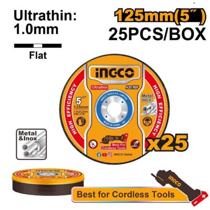 INGCO MCD101252 – Disques à tronçonner métal et inox 125 × 1,0 mm – boîte de 25
