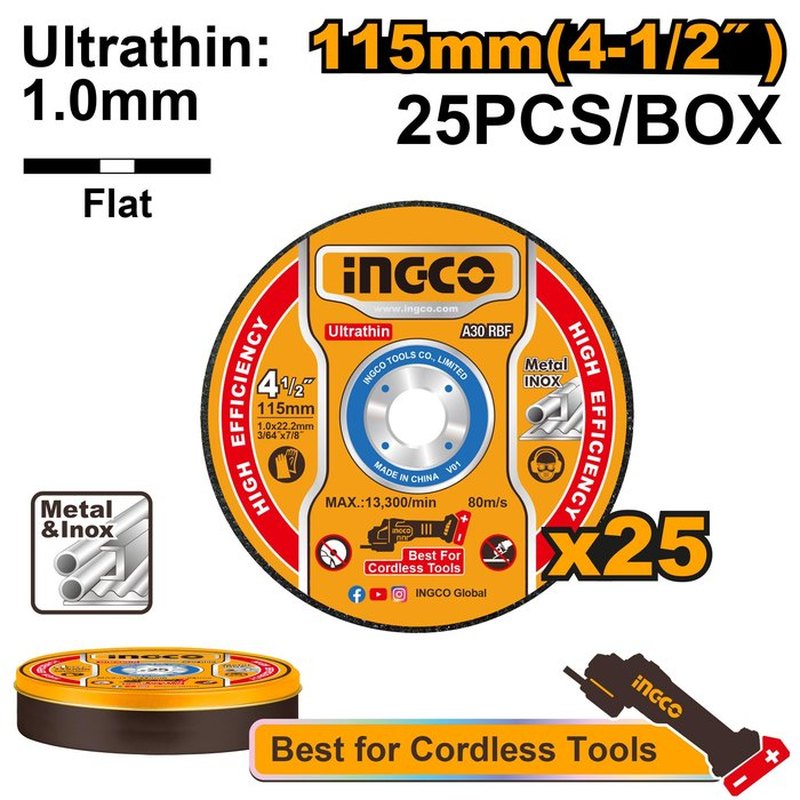 INGCO MCD110115 – Disques à tronçonner métal et inox 115 × 1,0 mm – boîte de 25